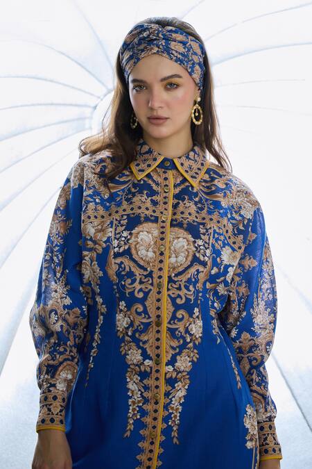 Buy Rajdeep Ranawat Blue Cotton, Linen Embroidery Collared Paris Floral Print Dress Buy_Rajdeep Ranawat_Blue Cotton, Linen Embroidery Collared Paris Floral Print Dress