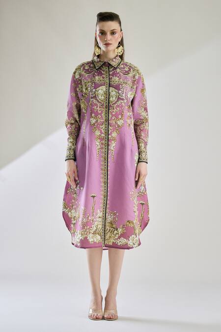 Rajdeep Ranawat_Purple Cotton, Linen Embroidery Collared Paris Printed Shirt Dress _Online_at_Aza_Fashions