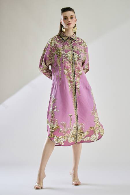 Shop_Rajdeep Ranawat_Purple Cotton, Linen Embroidery Collared Paris Printed Shirt Dress _Online_at_Aza_Fashions