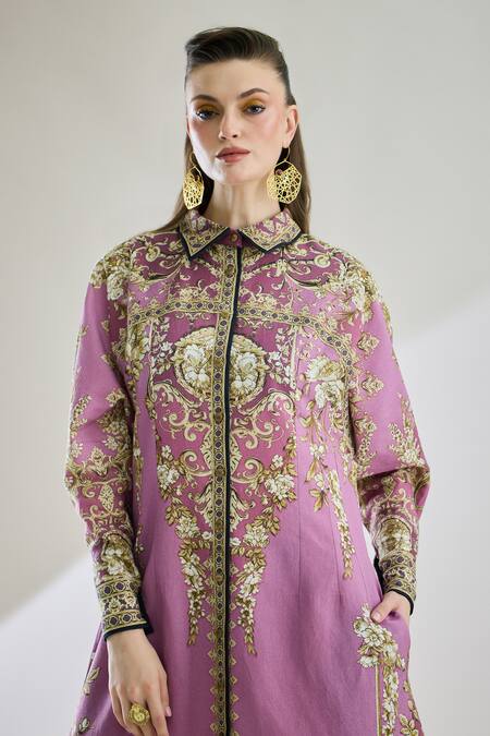 Rajdeep Ranawat_Purple Cotton, Linen Embroidery Collared Paris Printed Shirt Dress _at_Aza_Fashions