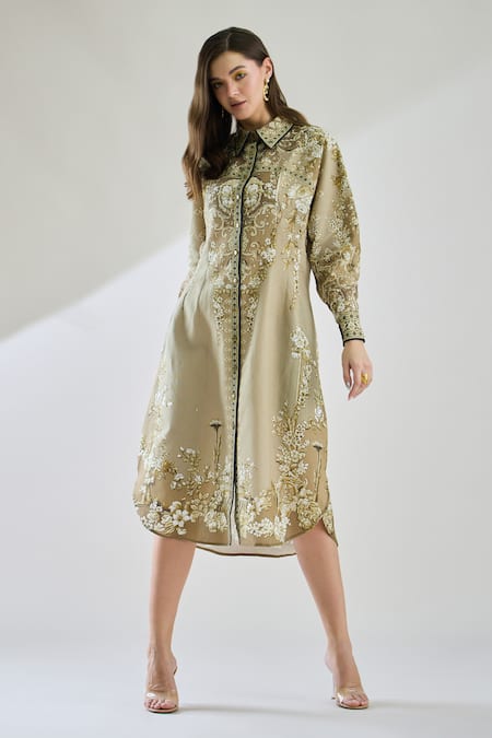 Rajdeep Ranawat Brown Cotton Linen Printed Floral Collared Paris Midi Shirt Dress