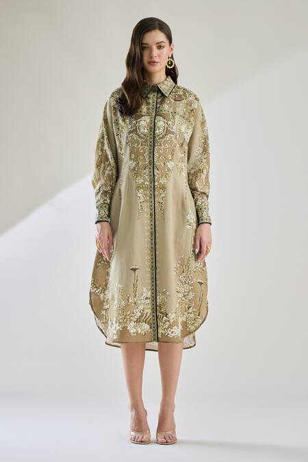 Rajdeep Ranawat Brown Cotton, Linen Embroidery Collared Paris Printed Midi Shirt Dress Online at Aza Fashions Rajdeep Ranawat_Brown Cotton, Linen Embroidery Collared Paris Printed Midi Shirt Dress _Online_at_Aza_Fashions
