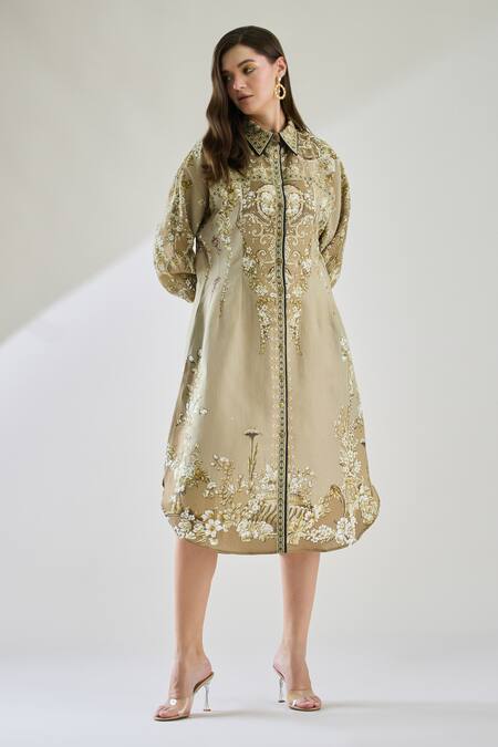 Buy Rajdeep Ranawat Brown Cotton, Linen Embroidery Collared Paris Printed Midi Shirt Dress Online at Aza Fashions Buy_Rajdeep Ranawat_Brown Cotton, Linen Embroidery Collared Paris Printed Midi Shirt Dress _Online_at_Aza_Fashions