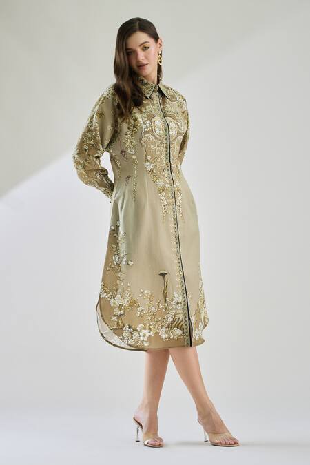 Shop Rajdeep Ranawat Brown Cotton, Linen Embroidery Collared Paris Printed Midi Shirt Dress Online at Aza Fashions Shop_Rajdeep Ranawat_Brown Cotton, Linen Embroidery Collared Paris Printed Midi Shirt Dress _Online_at_Aza_Fashions