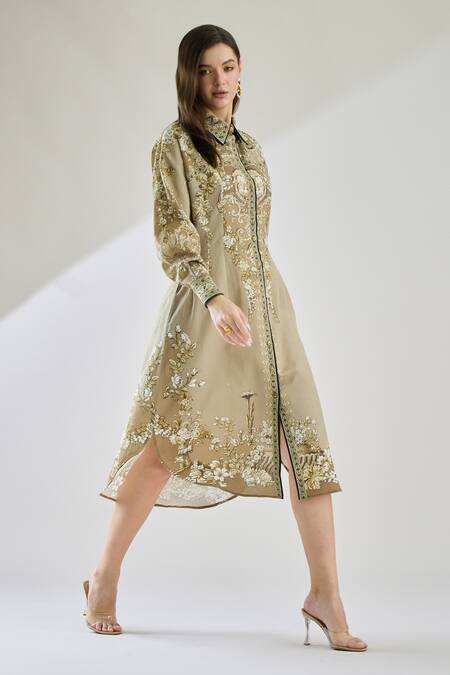 Rajdeep Ranawat Brown Cotton, Linen Embroidery Collared Paris Printed Midi Shirt Dress at Aza Fashions Rajdeep Ranawat_Brown Cotton, Linen Embroidery Collared Paris Printed Midi Shirt Dress _at_Aza_Fashions
