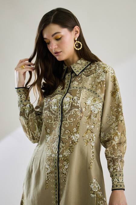 Buy Rajdeep Ranawat Brown Cotton, Linen Embroidery Collared Paris Printed Midi Shirt Dress Buy_Rajdeep Ranawat_Brown Cotton, Linen Embroidery Collared Paris Printed Midi Shirt Dress
