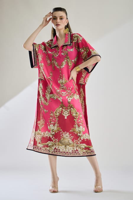 Rajdeep Ranawat Fuchsia Cotton Linen Printed Floral Briana Half Sleeve Shirt Kaftan Dress