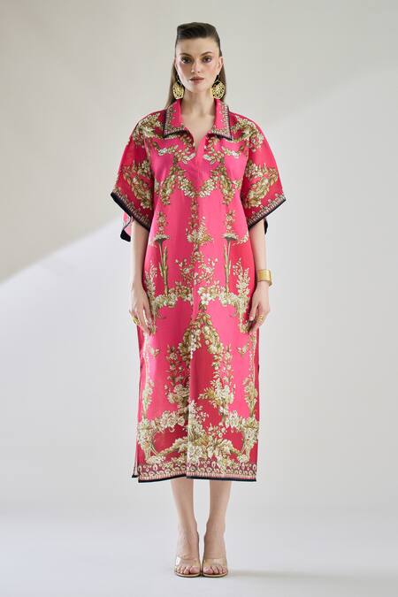Rajdeep Ranawat Fuchsia Cotton, Linen Embroidery Briana Printed Half Sleeve Shirt Kaftan Dress Online at Aza Fashions Rajdeep Ranawat_Fuchsia Cotton, Linen Embroidery Briana Printed Half Sleeve Shirt Kaftan Dress _Online_at_Aza_Fashions