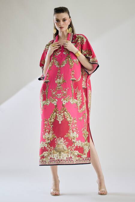 Buy Rajdeep Ranawat Fuchsia Cotton, Linen Embroidery Briana Printed Half Sleeve Shirt Kaftan Dress Online at Aza Fashions Buy_Rajdeep Ranawat_Fuchsia Cotton, Linen Embroidery Briana Printed Half Sleeve Shirt Kaftan Dress _Online_at_Aza_Fashions