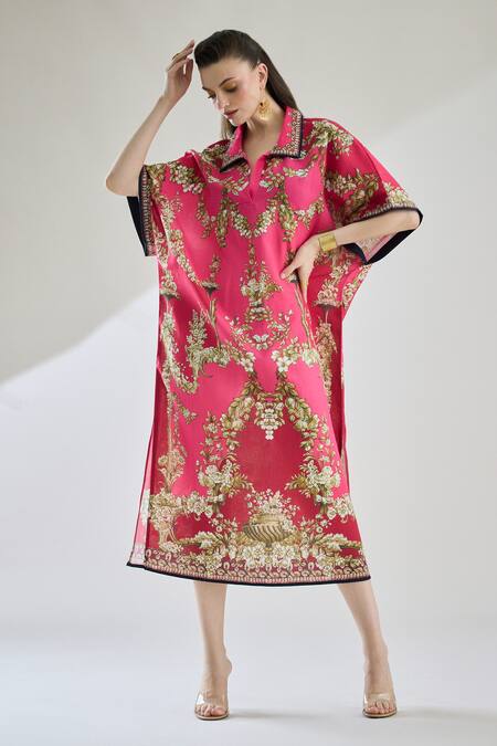 Shop Rajdeep Ranawat Fuchsia Cotton, Linen Embroidery Briana Printed Half Sleeve Shirt Kaftan Dress Online at Aza Fashions Shop_Rajdeep Ranawat_Fuchsia Cotton, Linen Embroidery Briana Printed Half Sleeve Shirt Kaftan Dress _Online_at_Aza_Fashions
