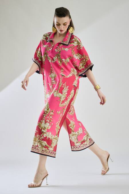 Rajdeep Ranawat Fuchsia Cotton, Linen Embroidery Briana Printed Half Sleeve Shirt Kaftan Dress at Aza Fashions Rajdeep Ranawat_Fuchsia Cotton, Linen Embroidery Briana Printed Half Sleeve Shirt Kaftan Dress _at_Aza_Fashions