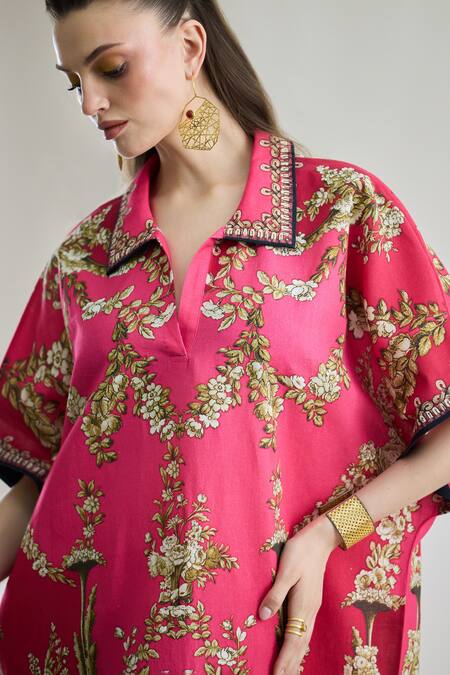 Buy Rajdeep Ranawat Fuchsia Cotton, Linen Embroidery Briana Printed Half Sleeve Shirt Kaftan Dress Buy_Rajdeep Ranawat_Fuchsia Cotton, Linen Embroidery Briana Printed Half Sleeve Shirt Kaftan Dress