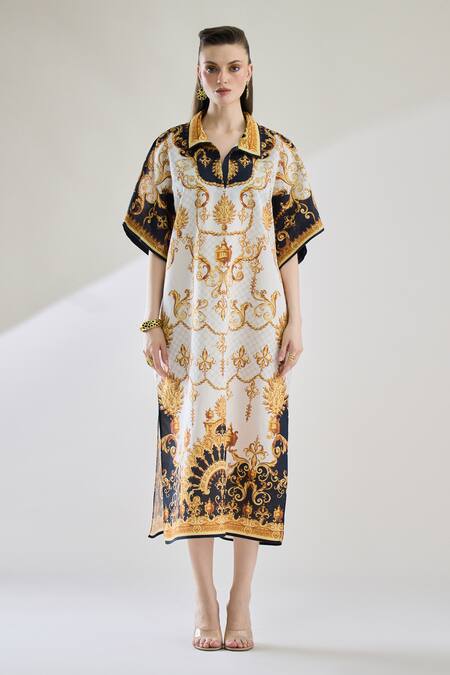 Rajdeep Ranawat Black Cotton, Linen Embroidery Collared Briana Printed Shirt Kaftan Dress Online at Aza Fashions Rajdeep Ranawat_Black Cotton, Linen Embroidery Collared Briana Printed Shirt Kaftan Dress _Online_at_Aza_Fashions