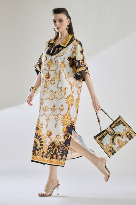 Buy Rajdeep Ranawat Black Cotton, Linen Embroidery Collared Briana Printed Shirt Kaftan Dress Online at Aza Fashions Buy_Rajdeep Ranawat_Black Cotton, Linen Embroidery Collared Briana Printed Shirt Kaftan Dress _Online_at_Aza_Fashions