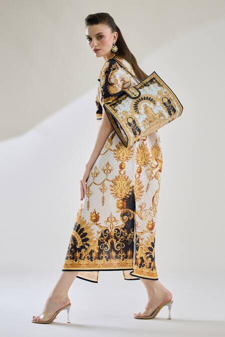 Rajdeep Ranawat Black Cotton, Linen Embroidery Collared Briana Printed Shirt Kaftan Dress at Aza Fashions Rajdeep Ranawat_Black Cotton, Linen Embroidery Collared Briana Printed Shirt Kaftan Dress _at_Aza_Fashions