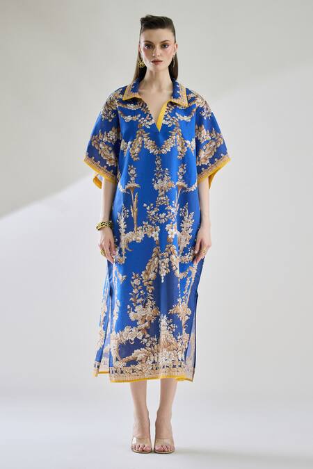 Rajdeep Ranawat Blue Cotton, Linen Embroidery Collared Briana Printed Kaftan Shirt Dress Online at Aza Fashions Rajdeep Ranawat_Blue Cotton, Linen Embroidery Collared Briana Printed Kaftan Shirt Dress _Online_at_Aza_Fashions