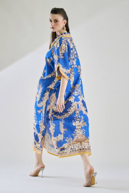 Buy Rajdeep Ranawat Blue Cotton, Linen Embroidery Collared Briana Printed Kaftan Shirt Dress Online at Aza Fashions Buy_Rajdeep Ranawat_Blue Cotton, Linen Embroidery Collared Briana Printed Kaftan Shirt Dress _Online_at_Aza_Fashions