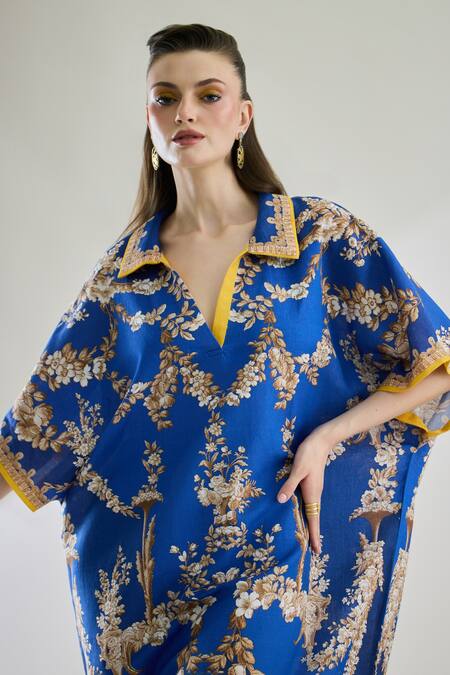 Shop Rajdeep Ranawat Blue Cotton, Linen Embroidery Collared Briana Printed Kaftan Shirt Dress Online at Aza Fashions Shop_Rajdeep Ranawat_Blue Cotton, Linen Embroidery Collared Briana Printed Kaftan Shirt Dress _Online_at_Aza_Fashions