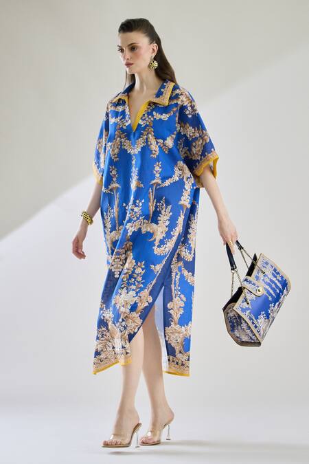Rajdeep Ranawat Blue Cotton, Linen Embroidery Collared Briana Printed Kaftan Shirt Dress at Aza Fashions Rajdeep Ranawat_Blue Cotton, Linen Embroidery Collared Briana Printed Kaftan Shirt Dress _at_Aza_Fashions
