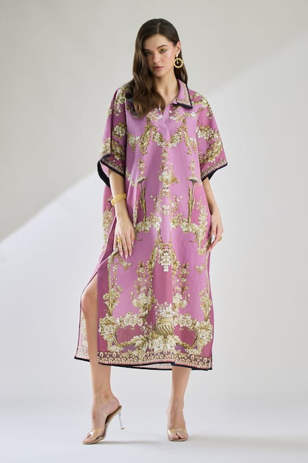 Rajdeep Ranawat Purple Cotton Linen Printed Floral Collared Briana Button Down Kaftan Dress 