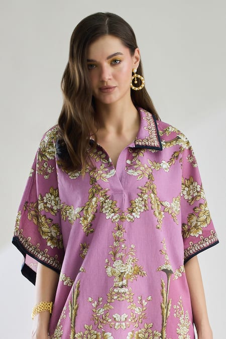 Rajdeep Ranawat_Purple Cotton, Linen Collared Briana Printed Button Down Kaftan Dress _Online_at_Aza_Fashions