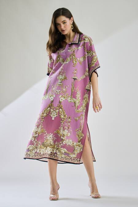 Shop_Rajdeep Ranawat_Purple Cotton, Linen Collared Briana Printed Button Down Kaftan Dress _Online_at_Aza_Fashions