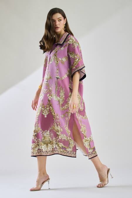 Rajdeep Ranawat_Purple Cotton, Linen Collared Briana Printed Button Down Kaftan Dress _at_Aza_Fashions