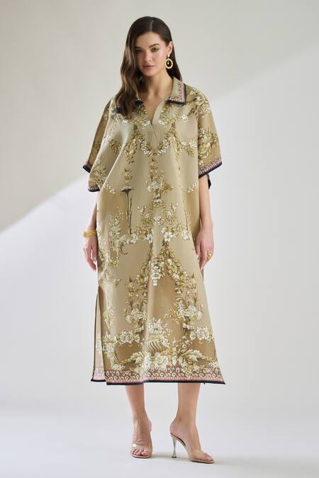 Rajdeep Ranawat_Brown Cotton, Linen Collared Printed Half Sleeve Kaftan Dress _Online_at_Aza_Fashions
