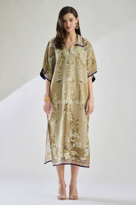 Buy_Rajdeep Ranawat_Brown Cotton, Linen Collared Printed Half Sleeve Kaftan Dress _Online_at_Aza_Fashions