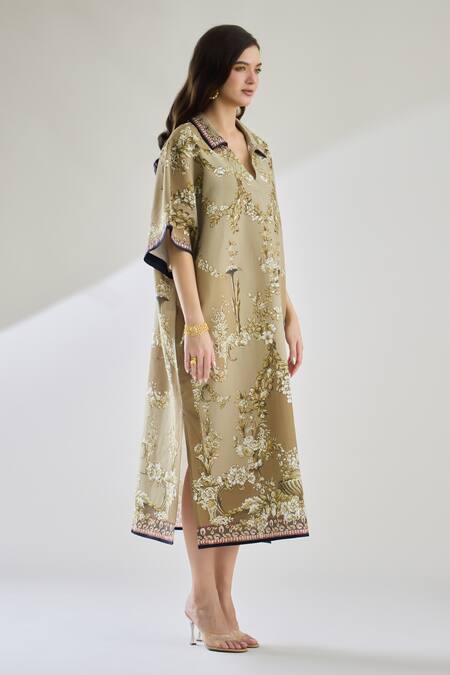 Shop_Rajdeep Ranawat_Brown Cotton, Linen Collared Printed Half Sleeve Kaftan Dress _Online_at_Aza_Fashions