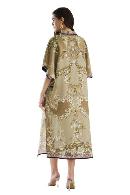 Rajdeep Ranawat_Brown Cotton, Linen Collared Printed Half Sleeve Kaftan Dress _at_Aza_Fashions