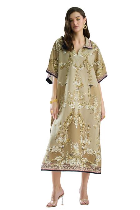 Buy_Rajdeep Ranawat_Brown Cotton, Linen Collared Printed Half Sleeve Kaftan Dress 