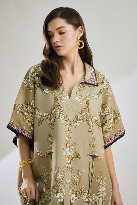 Shop_Rajdeep Ranawat_Brown Cotton, Linen Collared Printed Half Sleeve Kaftan Dress 
