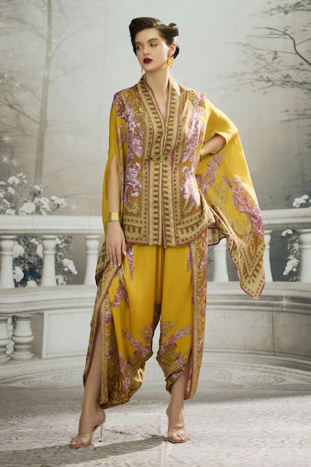 Rajdeep Ranawat Yellow Modal Satin Printed Floral Sonth Border Dhoti Pant 