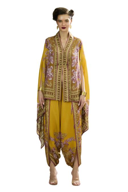 Rajdeep Ranawat_Yellow Modal, Satin Sonth Floral Border Print Dhoti Pant _Online_at_Aza_Fashions