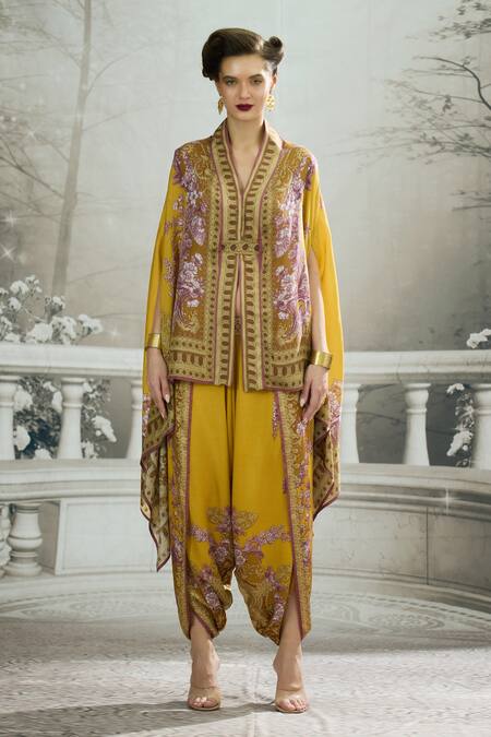 Buy_Rajdeep Ranawat_Yellow Modal, Satin Sonth Floral Border Print Dhoti Pant _Online_at_Aza_Fashions