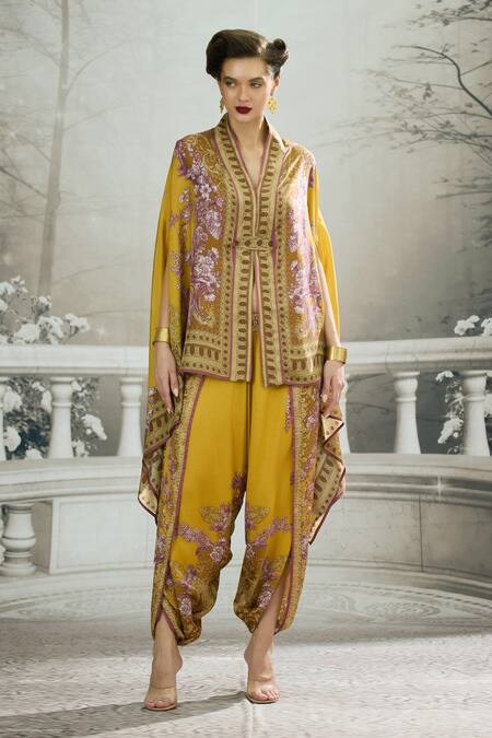 Shop_Rajdeep Ranawat_Yellow Modal, Satin Sonth Floral Border Print Dhoti Pant _Online_at_Aza_Fashions