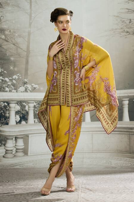 Buy_Rajdeep Ranawat_Yellow Modal, Satin Sonth Floral Border Print Dhoti Pant 