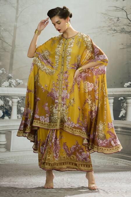 Shop_Rajdeep Ranawat_Yellow Modal, Satin Surilee Floral Print Draped Skirt _Online_at_Aza_Fashions