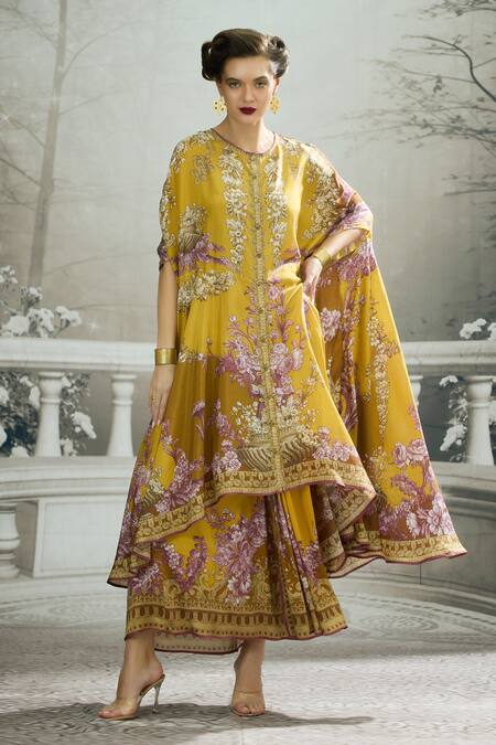 Rajdeep Ranawat_Yellow Modal, Satin Surilee Floral Print Draped Skirt _at_Aza_Fashions