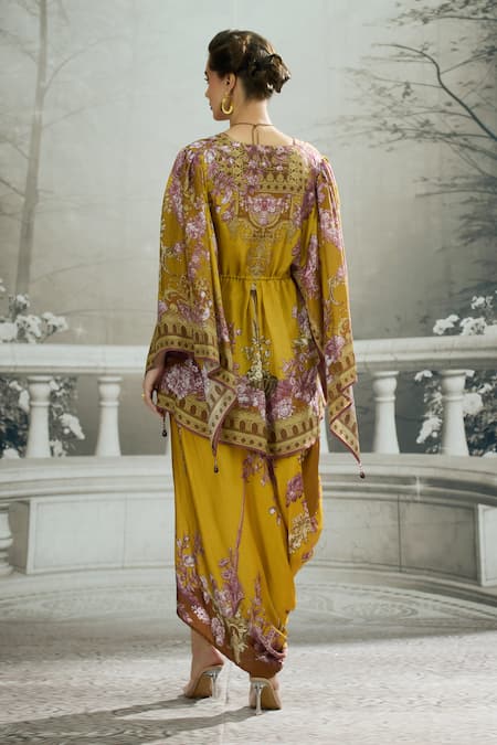 Shop_Rajdeep Ranawat_Yellow Modal, Satin Embroidery Leila Printed Draped Skirt _at_Aza_Fashions