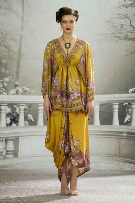 Rajdeep Ranawat_Yellow Modal, Satin Embroidery Leila Printed Draped Skirt _Online_at_Aza_Fashions