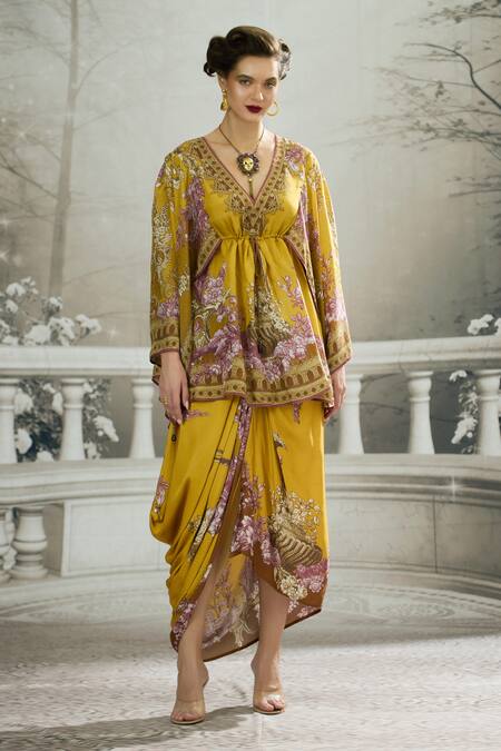 Buy_Rajdeep Ranawat_Yellow Modal, Satin Embroidery Leila Printed Draped Skirt _Online_at_Aza_Fashions