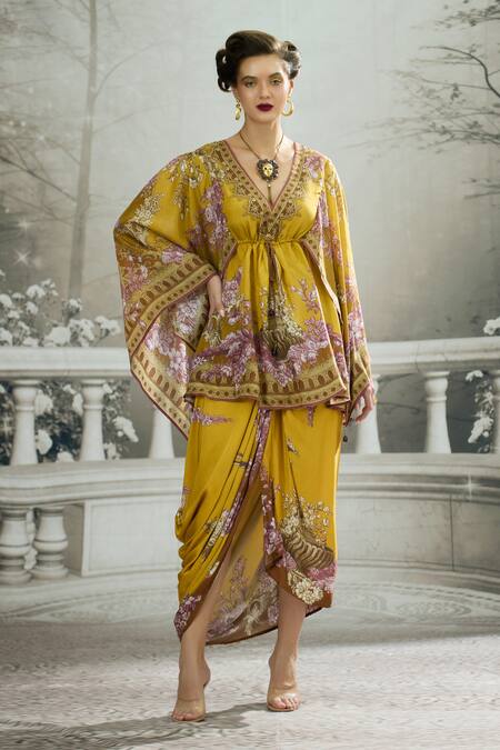 Shop_Rajdeep Ranawat_Yellow Modal, Satin Embroidery Leila Printed Draped Skirt _Online_at_Aza_Fashions