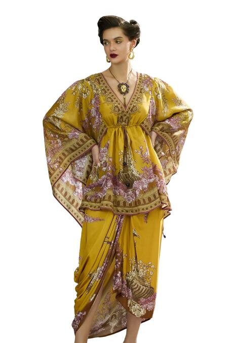 Rajdeep Ranawat_Yellow Modal, Satin Embroidery Leila Printed Draped Skirt _at_Aza_Fashions