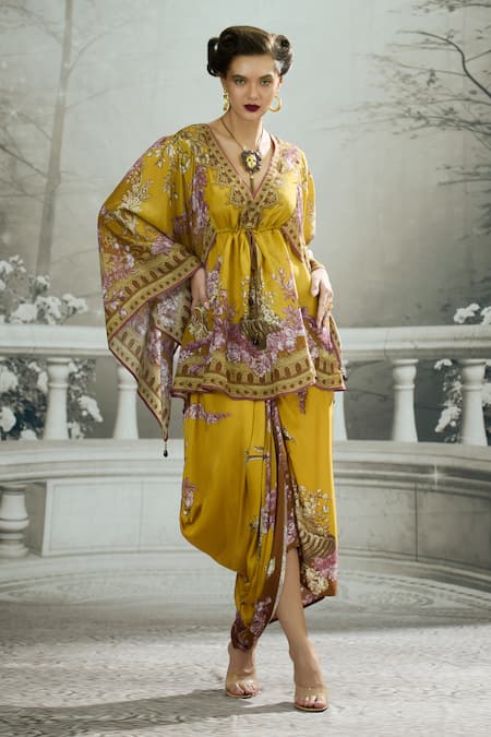 Shop_Rajdeep Ranawat_Yellow Modal, Satin Embroidery Leila Printed Draped Skirt 