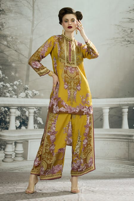 Rajdeep Ranawat Yellow Silk Printed Floral Gloria Layered Flared Pant 