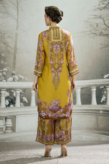 Shop_Rajdeep Ranawat_Yellow Silk, Modal Embroidery Gloria Floral Print Layered Flared Pant _at_Aza_Fashions