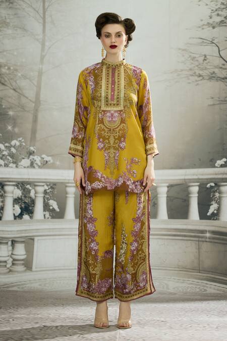 Rajdeep Ranawat_Yellow Silk, Modal Embroidery Gloria Floral Print Layered Flared Pant _Online_at_Aza_Fashions