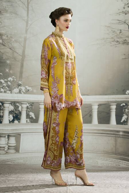 Buy_Rajdeep Ranawat_Yellow Silk, Modal Embroidery Gloria Floral Print Layered Flared Pant _Online_at_Aza_Fashions
